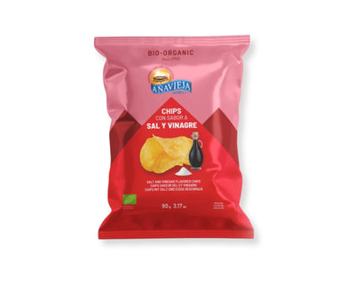 Anavieja Salt and Vinegar Potato Chips 90g, organic gluten-free chips with natural vinegar flavour and sea salt.