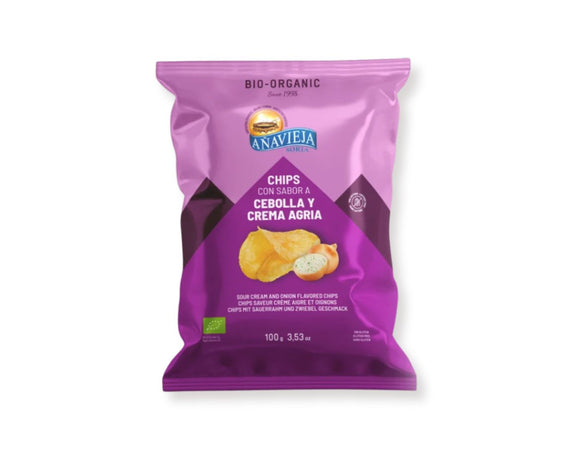 Anavieja Potato Chips Onion and Sour Cream 100g, made with organic potatoes and seasoned with a natural blend of onion, olive, and parsley for a delicious, crispy snack.