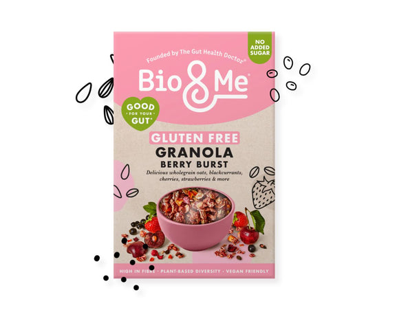 Bio & Me Berry Burst Granola 350g – A fruity, berry-filled granola with strawberries, cherries, and blackcurrants for a gluten-free, healthy breakfast.