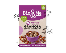 Bio & Me Cocoa and Hazelnut Protein Granola 360g – A crunchy, protein-packed granola with rich cocoa and hazelnuts for a sweet, healthy breakfast or snack