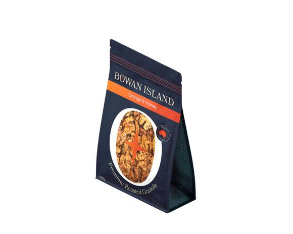 Bowan Island Premium Roasted Granola Orange & Honey 650g – Crunchy granola with zesty orange and sweet honey, perfect for yoghurt, smoothie bowls, or as a snack.