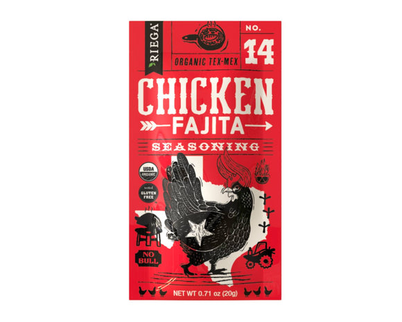 Riega Organic Chicken Fajita Seasoning 20g, available at The Local Basket, with organic spices for Tex-Mex dishes.