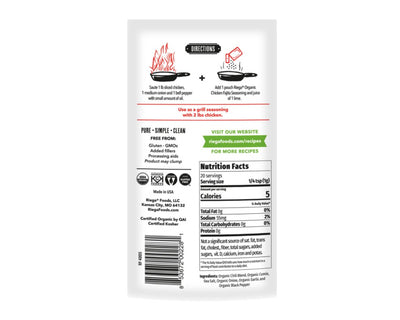 Riega Organic Chicken Fajita Seasoning 20g label, available at The Local Basket, with organic spices for Tex-Mex dishes.