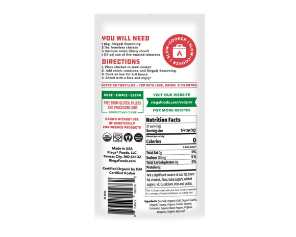 Riega Organic Chicken Tinga Taco Seasoning 31g from The Local Basket – a zesty and savoury blend for perfect chicken tacos. Ingredients