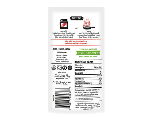 Riega Organic Fish Taco Seasoning 24g at The Local Basket, featuring a blend of organic spices for fish tacos.