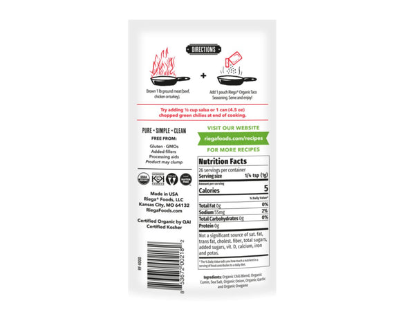 Riega Organic Taco Seasoning 25.5g at The Local Basket, featuring a clean blend of organic spices for tacos.